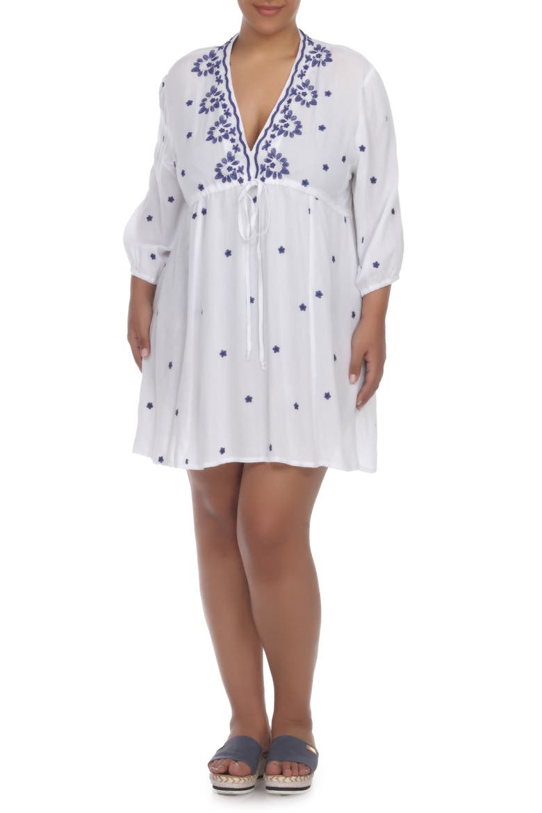 Embroidered 3/4 Sleeve Coverup, Main, color, WHITE W/ NAVY