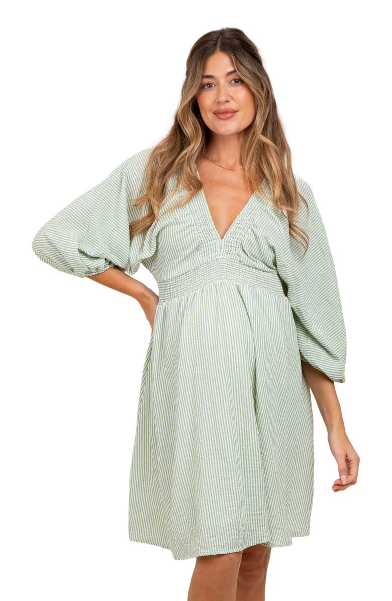 PinkBlush Striped Balloon Sleeve V-Neck Dress, Alternate, color, Light Olive