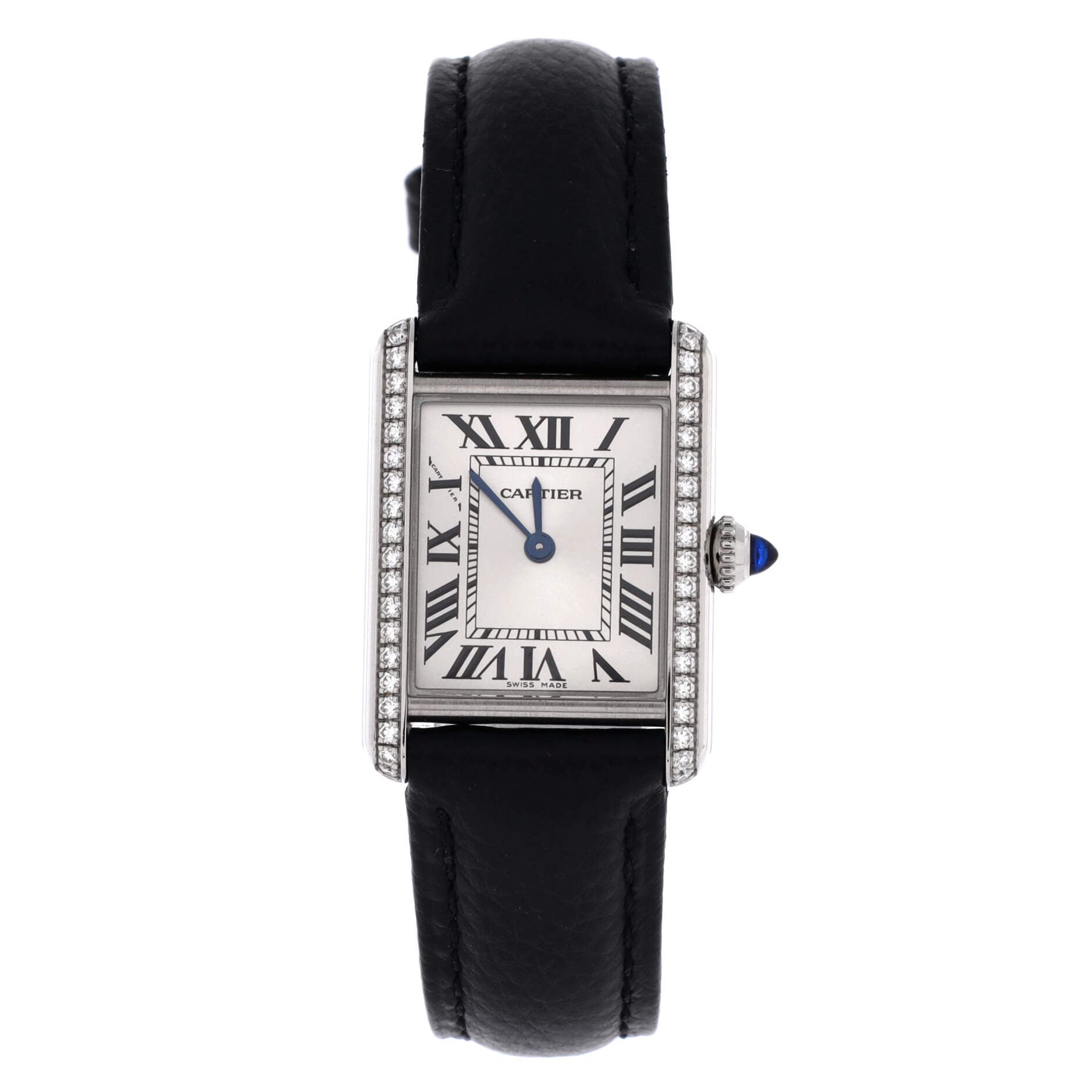 Must de Cartier Tank Quartz Watch Stainless Steel and Leather with Diamond Bezel 22, Main, color, Black