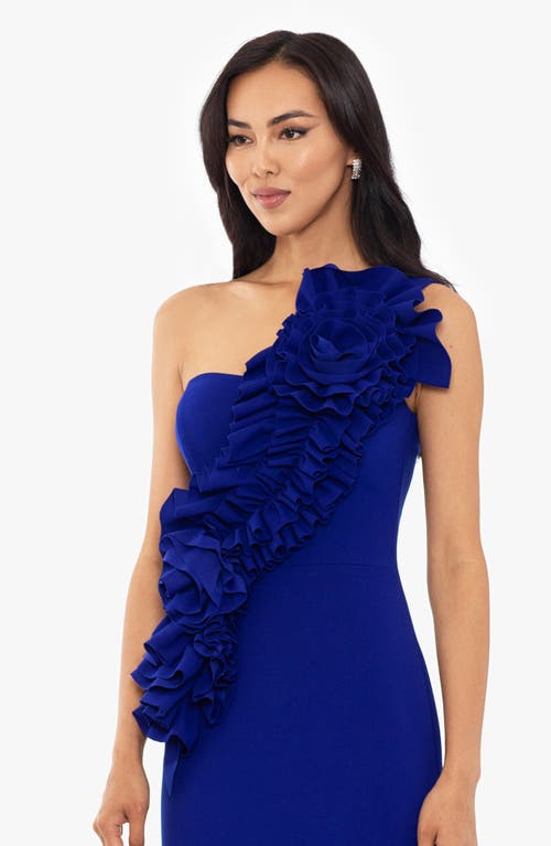 Shop Betsy & Adam Rosette One-shoulder Trumpet Gown In Marine