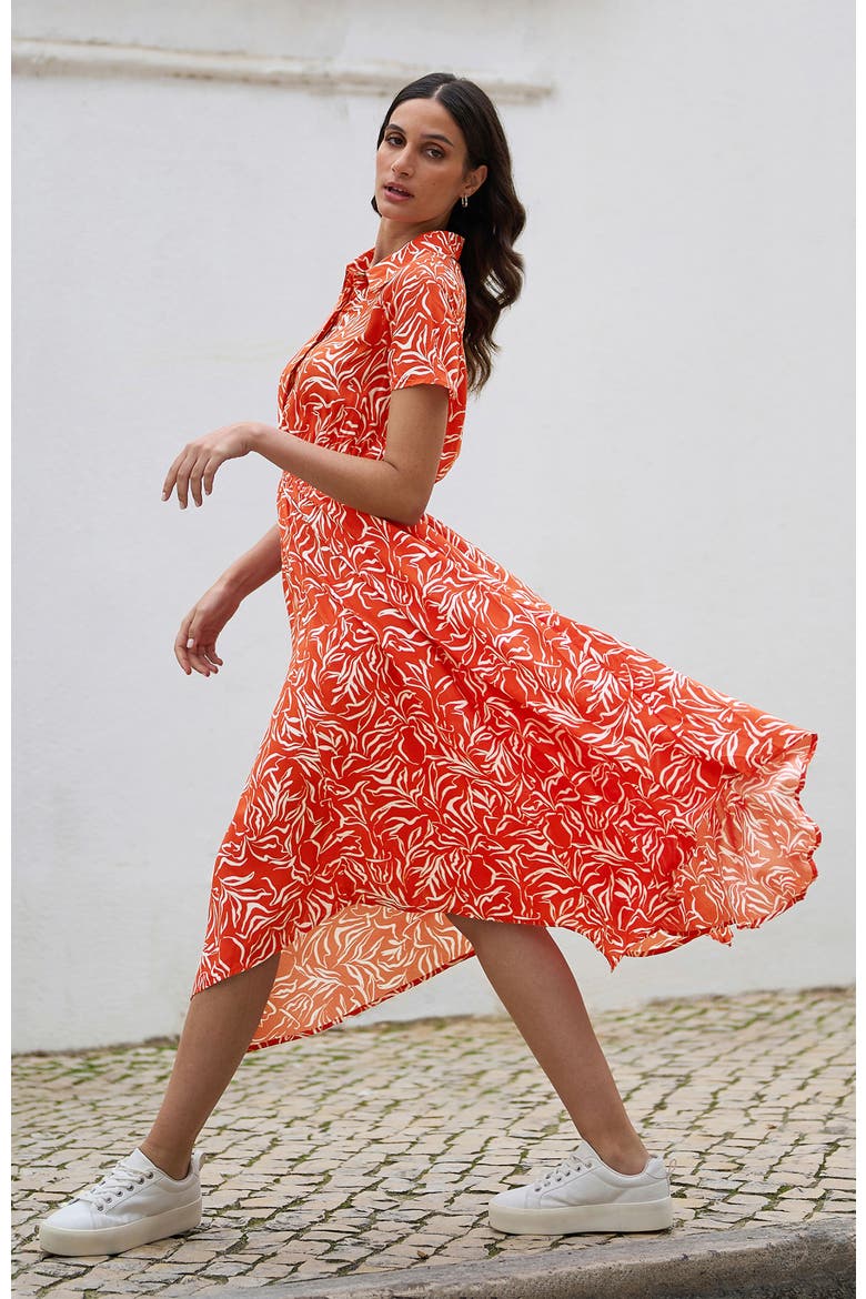 Printed Midi Ruched Shirt Dress, Alternate, color, Coral