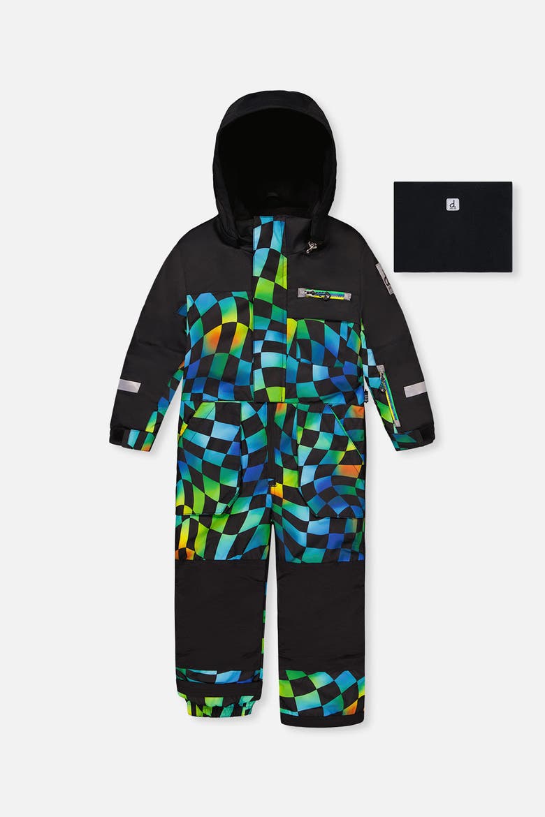 Play Checkered Detachable Hood Fleece Neckwarmer One Piece Snowsuit, Main, color, Blue Checkered Print