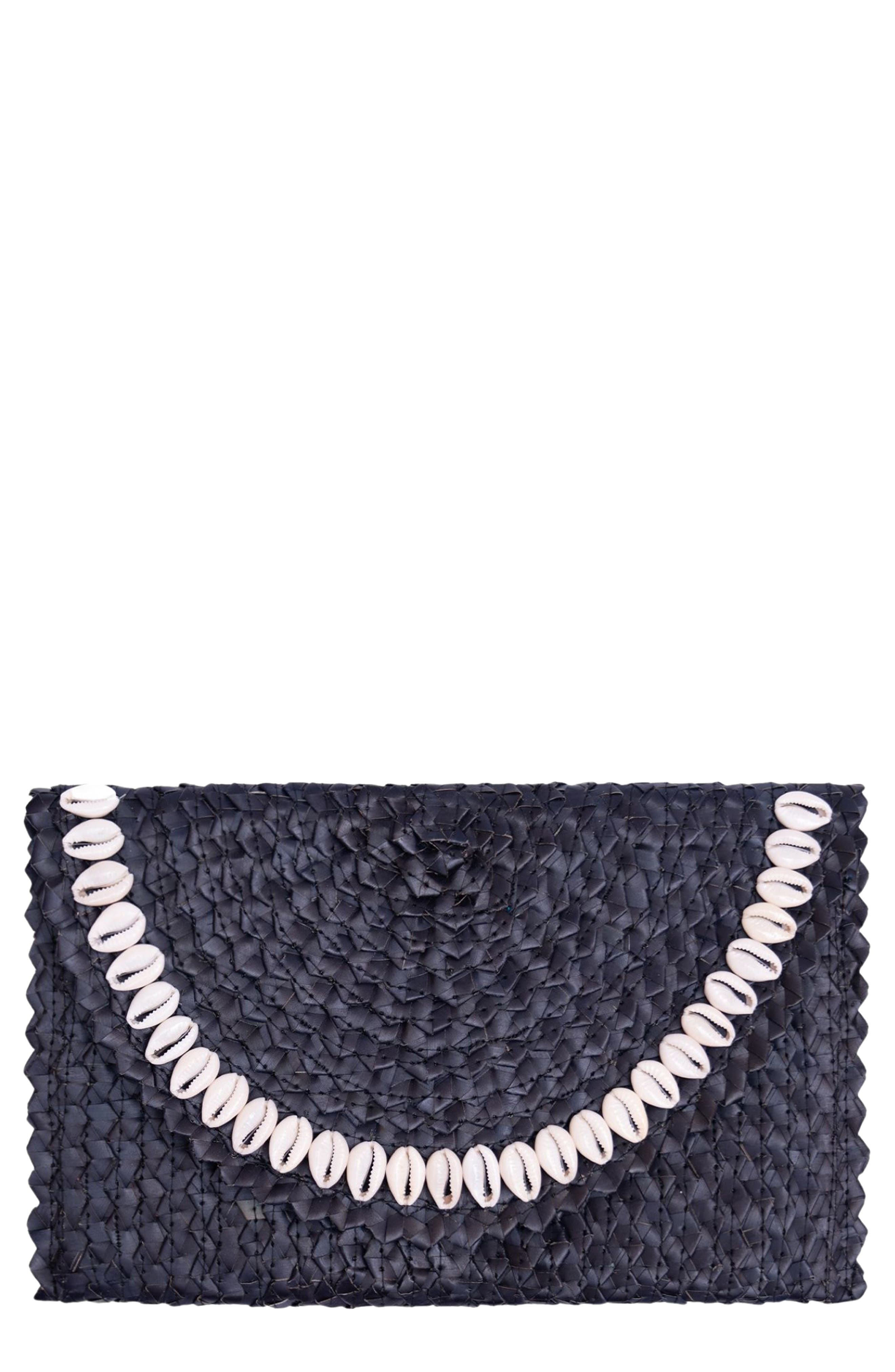 Jelavu Coco Seashell Trim Raffia Clutch, Main, color, Black