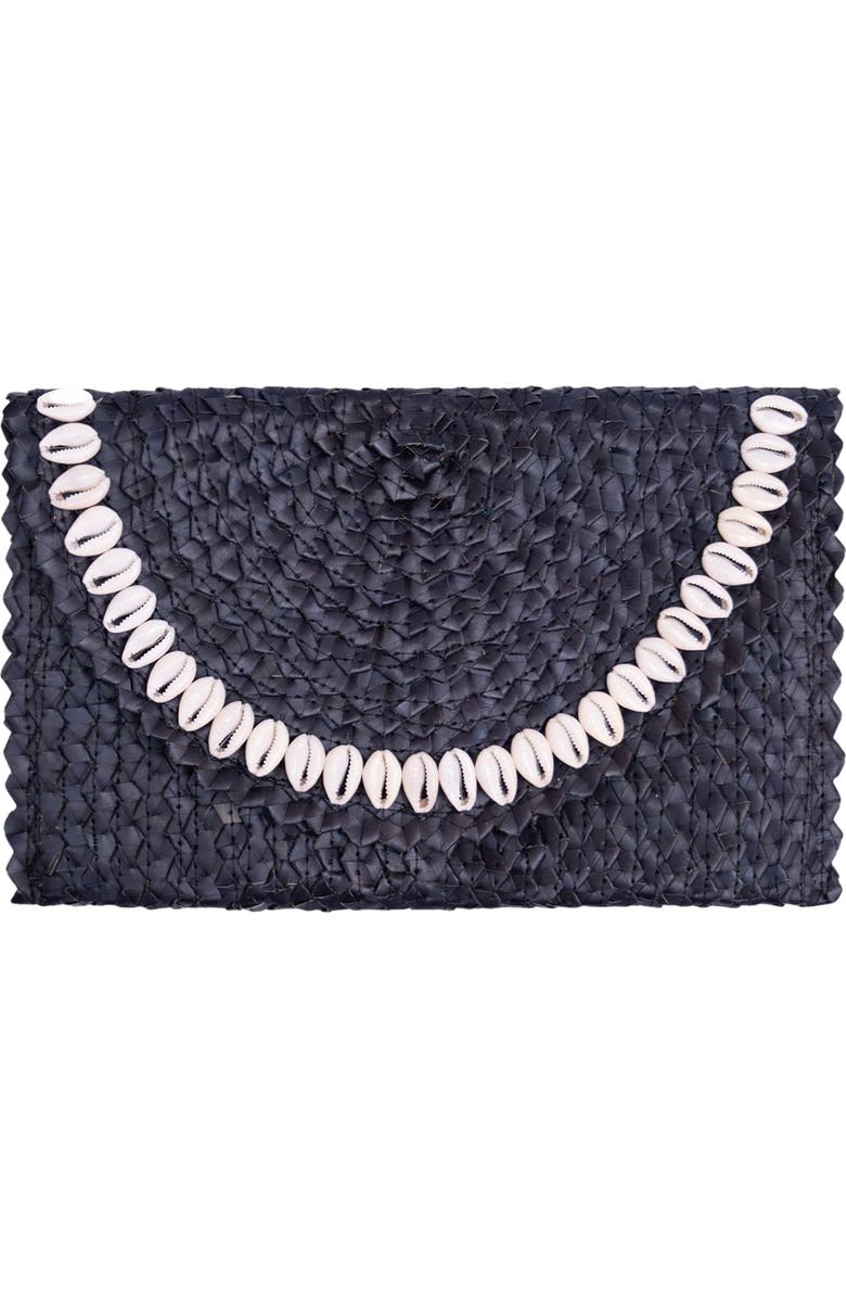 Jelavu Coco Seashell Trim Raffia Clutch, Main, color, Black