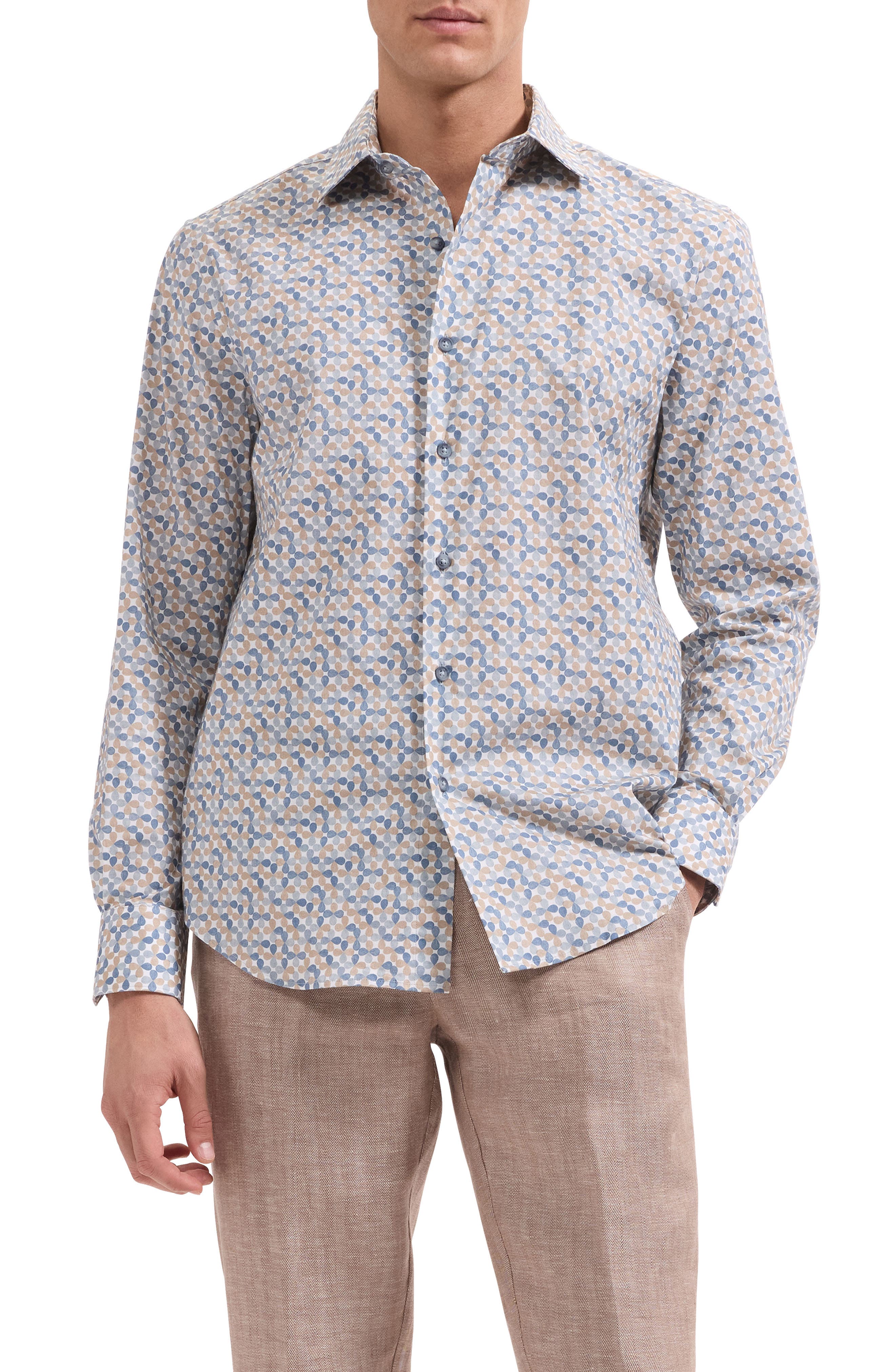 Axel Shaped Fit Geo Floral Stretch Cotton Button-Up Shirt