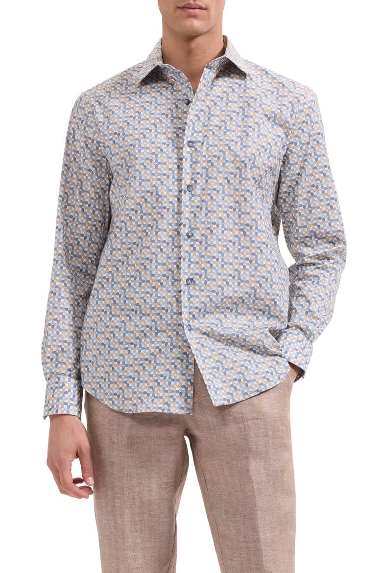 Axel Shaped Fit Geo Floral Stretch Cotton Button-Up Shirt, Main, color, WALNUT
