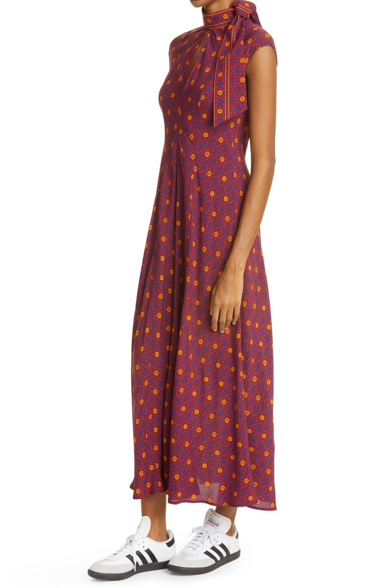 Madras Floral Print Tie Neck Midi Dress, Alternate, color, BORDEAUX/ VIOLET/ MANDARIN