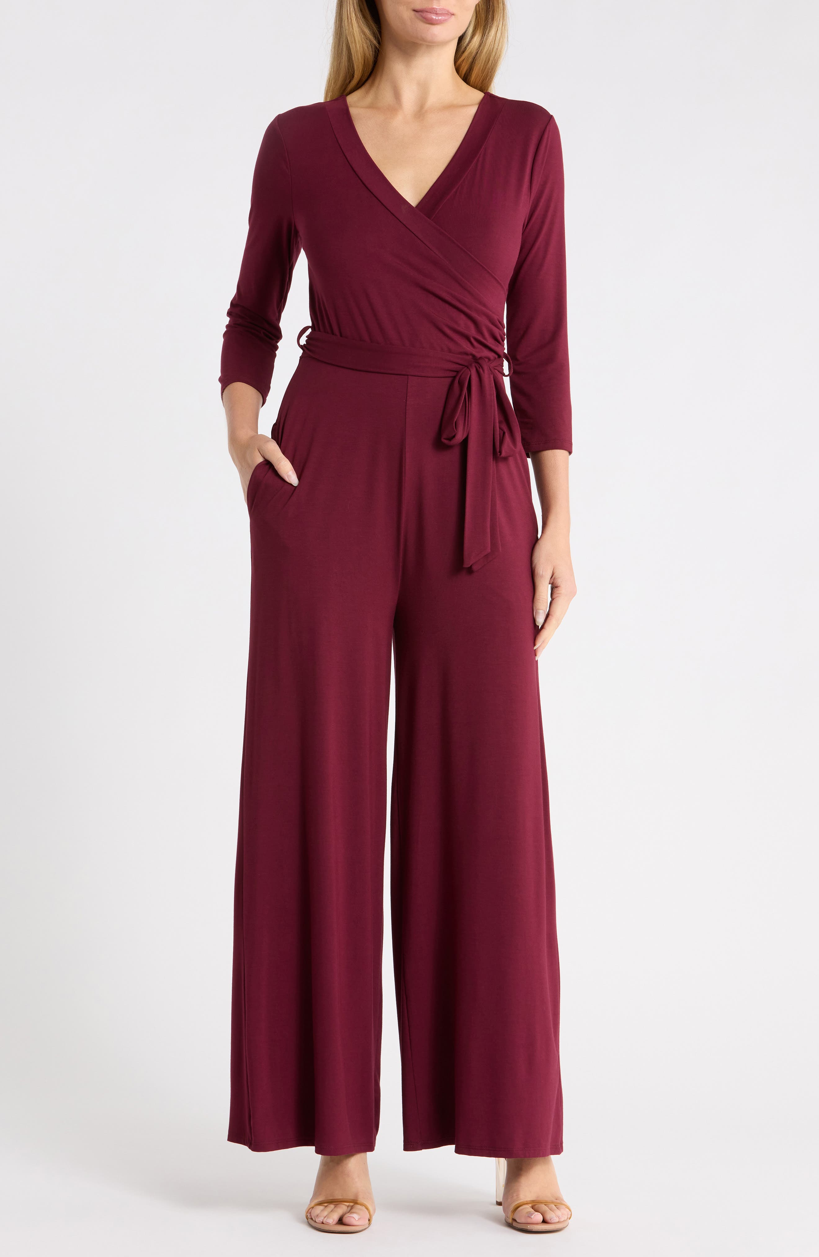 3/4 Length Sleeve Wrap Wide Leg Jumpsuit