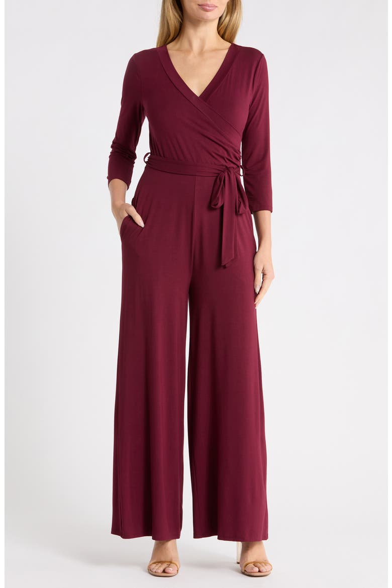 3/4 Length Sleeve Wrap Wide Leg Jumpsuit, Main, color, WINE