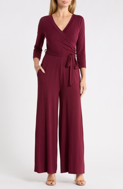 3/4 Length Sleeve Wrap Wide Leg Jumpsuit