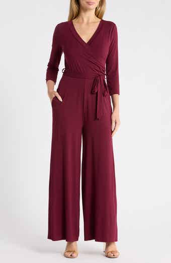3/4 Length Sleeve Wrap Wide Leg Jumpsuit