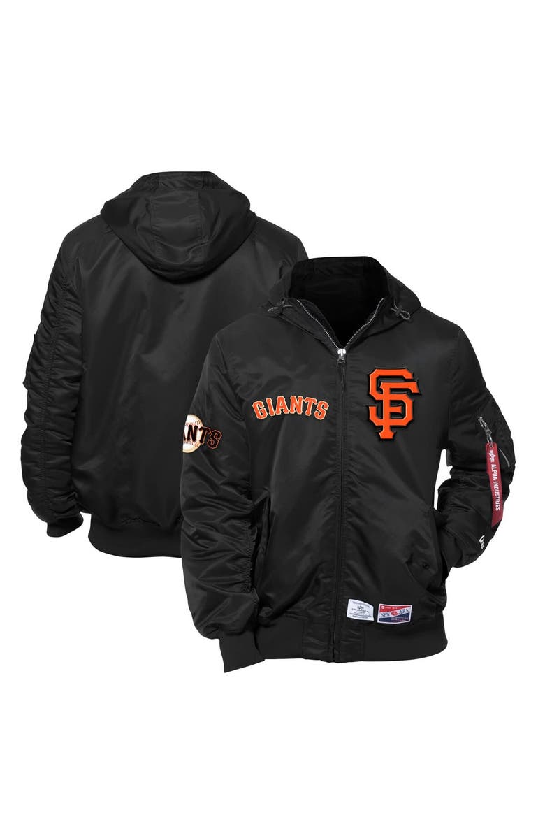 New Era x Alpha Industries Men's New Era x Alpha Industries Black San Francisco Giants Current Day Full-Zip Hooded Nylon Bomber Jacket, Main, color, 