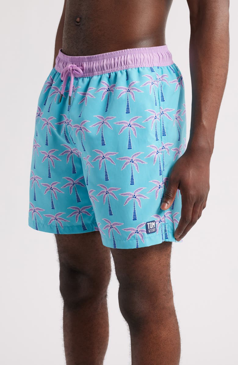 Tom & Teddy Palm Tree Print Swim Trunks, Alternate, color, Aqua Violet