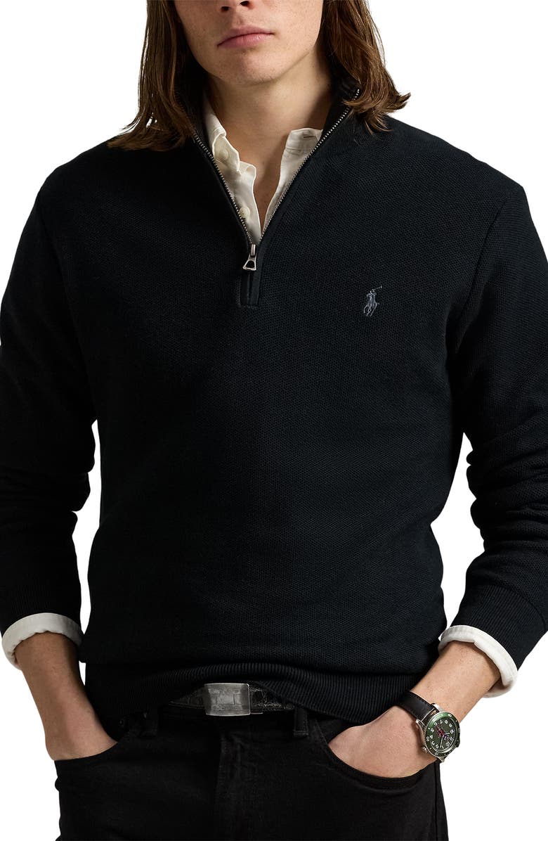 Polo Ralph Lauren Solid Cotton Piqué Quarter Zip Sweater, Main, color, Polo Black/ Tonal Pp