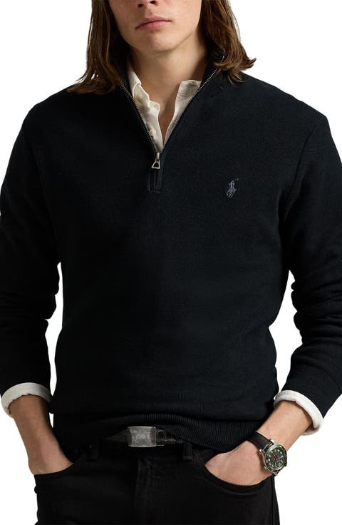 Solid Cotton Piqué Quarter Zip Sweater