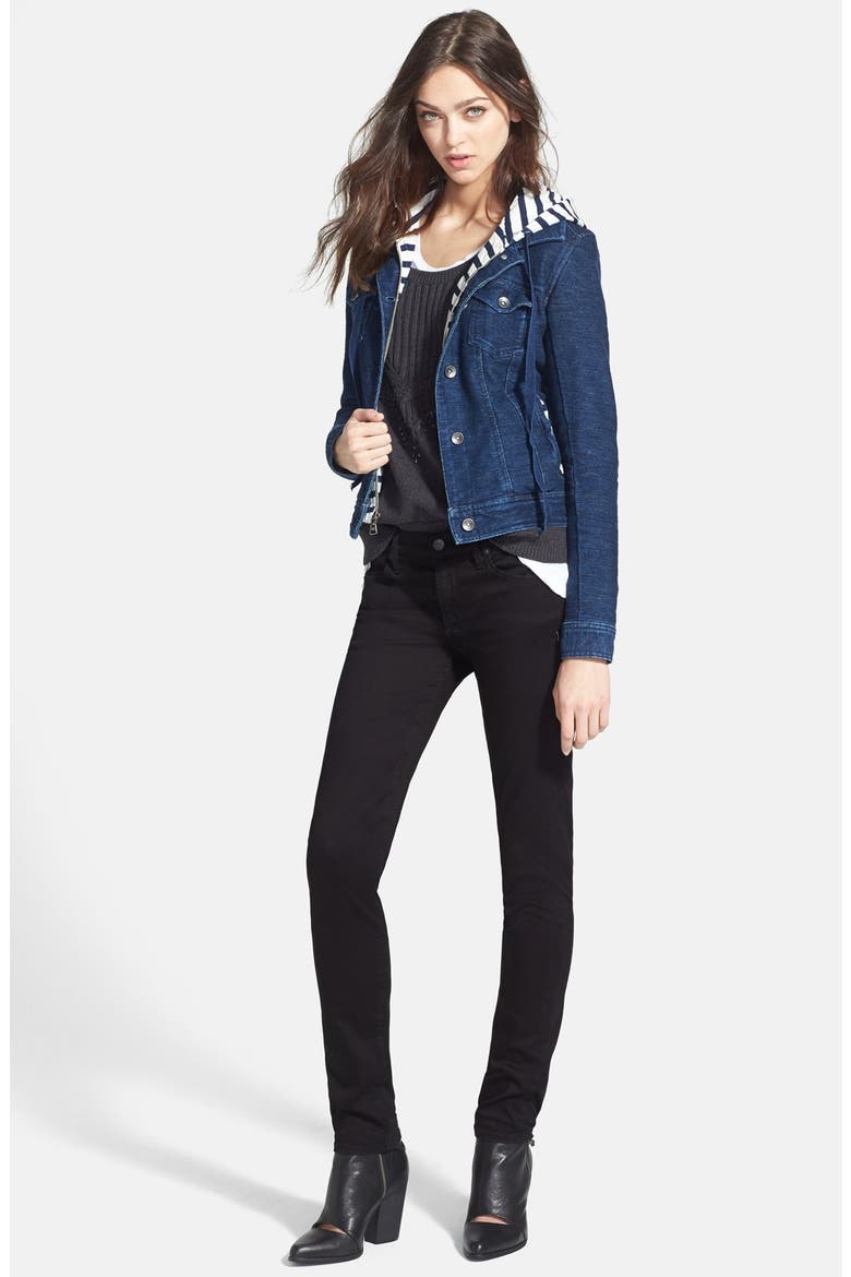 'Indigo' Knit Hood Denim Jacket, Alternate, color, DARK WASH