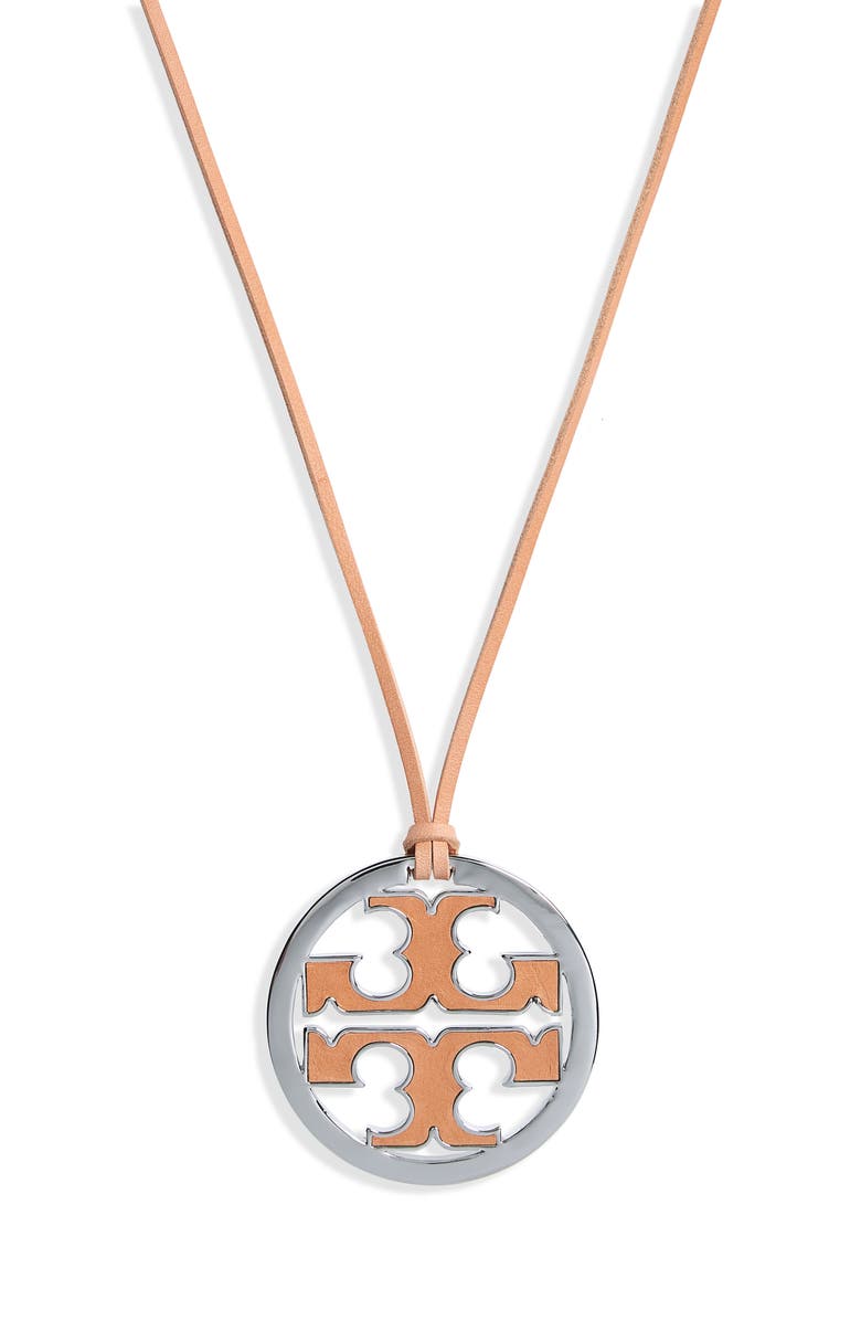 Tory Burch Logo Charm Leather Cord Necklace, Alternate, color,