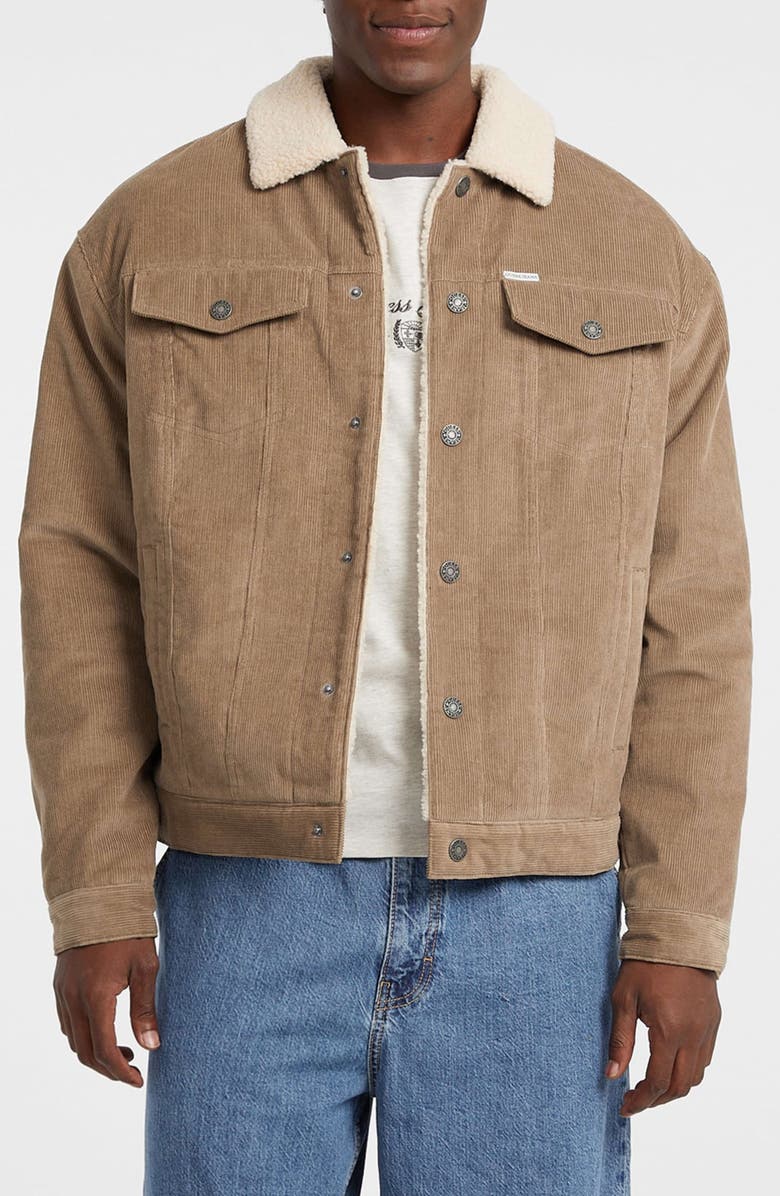 GUESS JEANS Fleece Lined Cotton Corduroy Trucker Jacket, Main, color, Beige