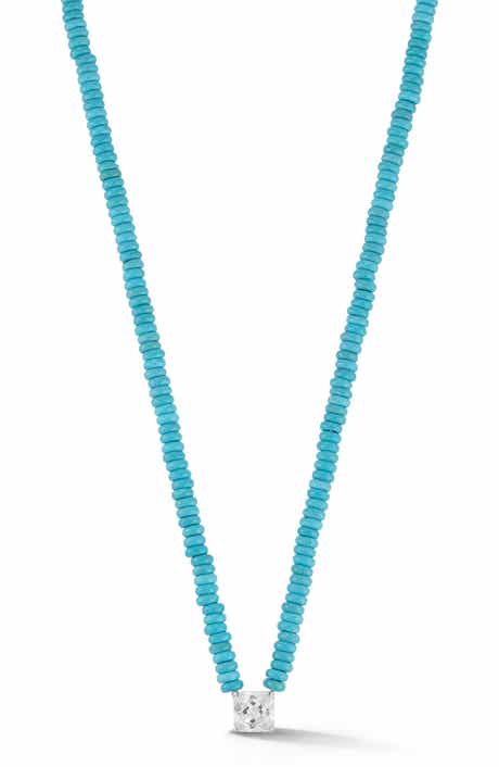 Rhodium Plated Beaded Square Pendant Necklace