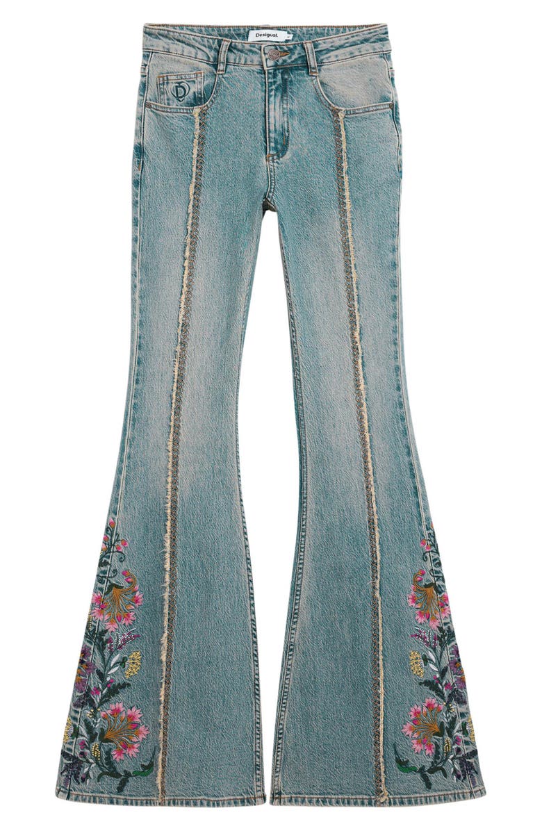 Desigual Embroidered Flare Jeans, Alternate, color, Medium Blue