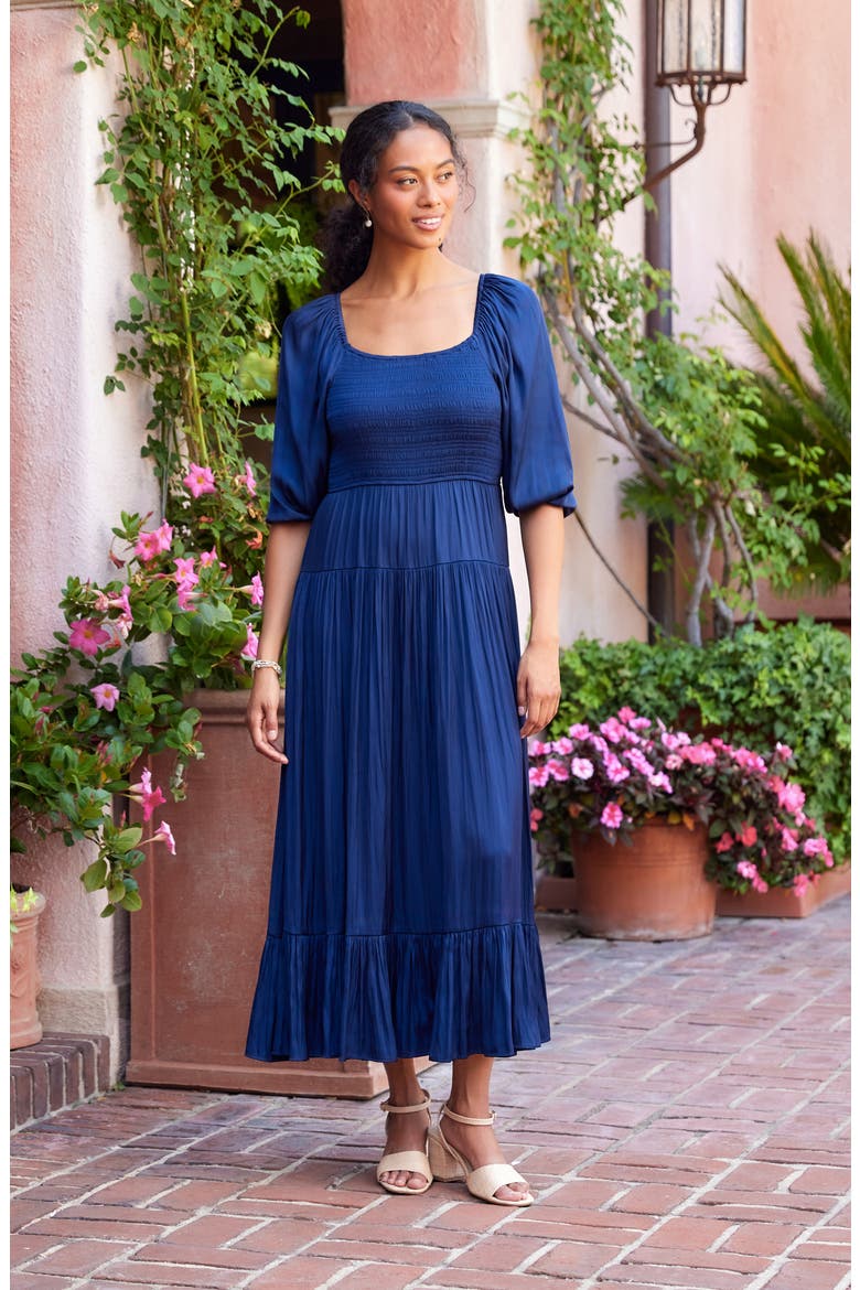 Smocked Balloon Sleeve Maxi Dress, Alternate, color, NAVY