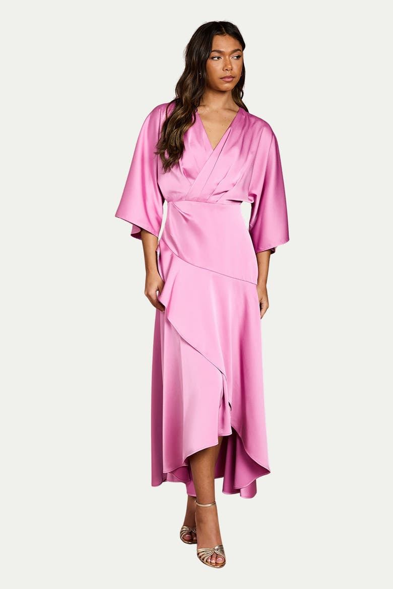 Satin Back Crepe Ruffle Wrap Midi Dress, Main, color, Pink