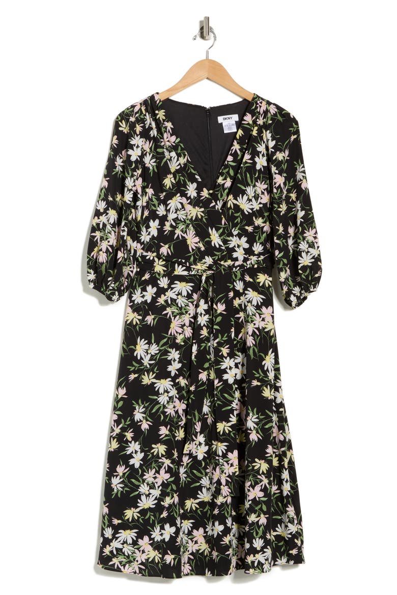 Balloon Sleeve Faux Wrap Midi Dress, Alternate, color, NOSTALGIA DAISY- FIRST BLUSH