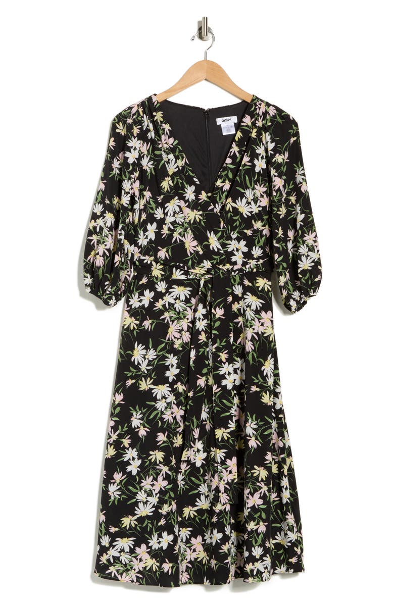 DKNY Balloon Sleeve Faux Wrap Midi Dress, Alternate, color, Nostalgia Daisy- First Blush