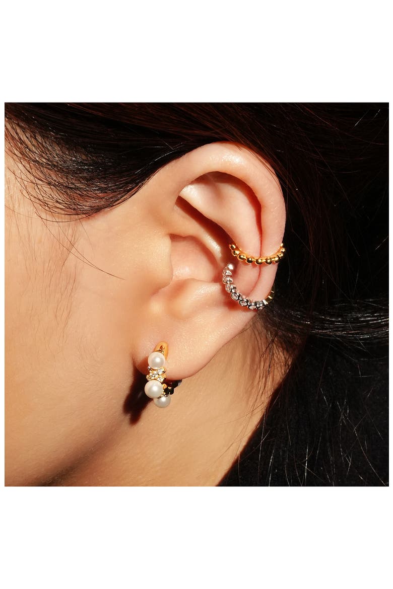 Faux Pearl Pavé Hoop Earrings, Alternate, color, SHINY GOLD
