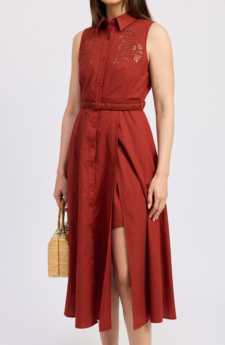 En Saison Megumi Eyelet Detail Cotton & Linen Midi Shirtdress, Alternate, color, Red Currant