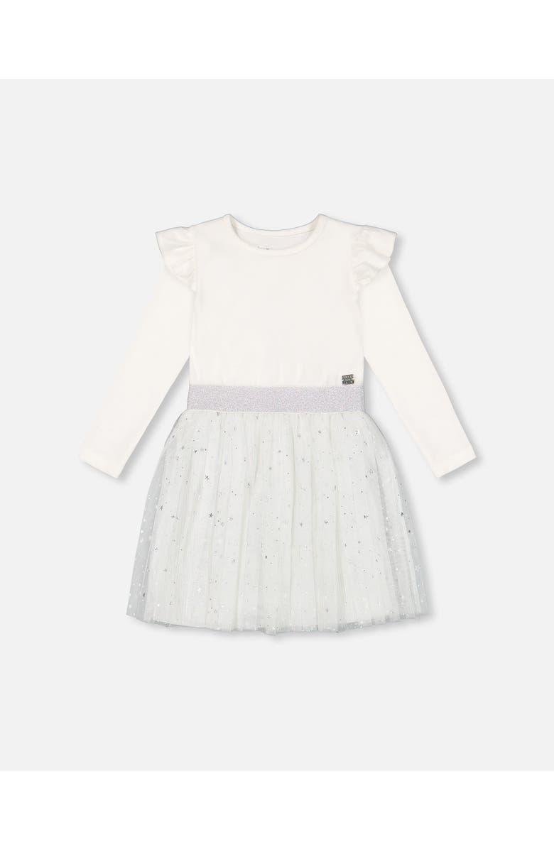 Deux par Deux Girl's Long Sleeve Dress With Glittering Tulle Skirt Off White, Main, color, 