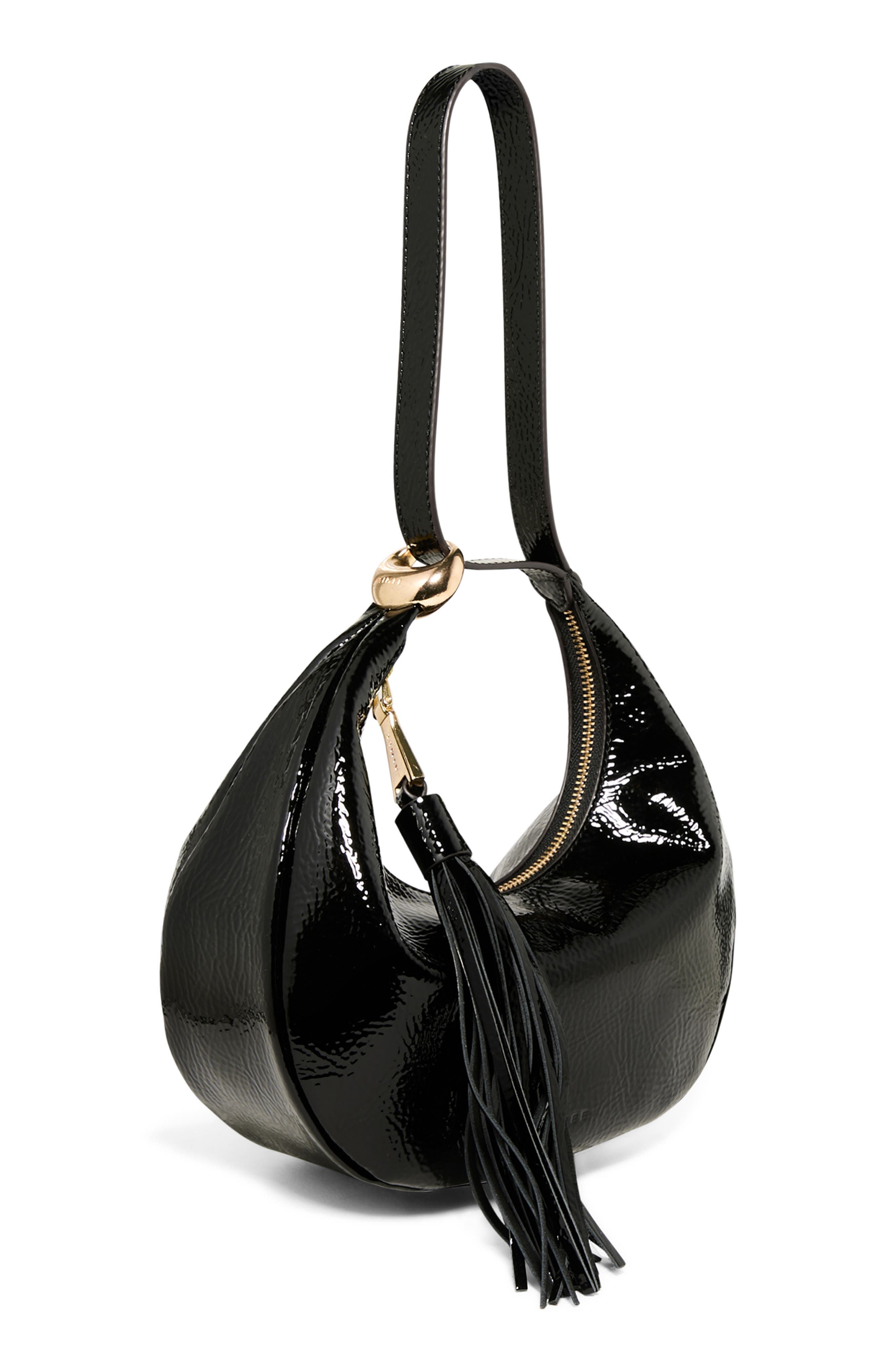 AIMEE Bloom Bean Bag Leather Moon Bag, Alternate, color, Black Crinkle Patent