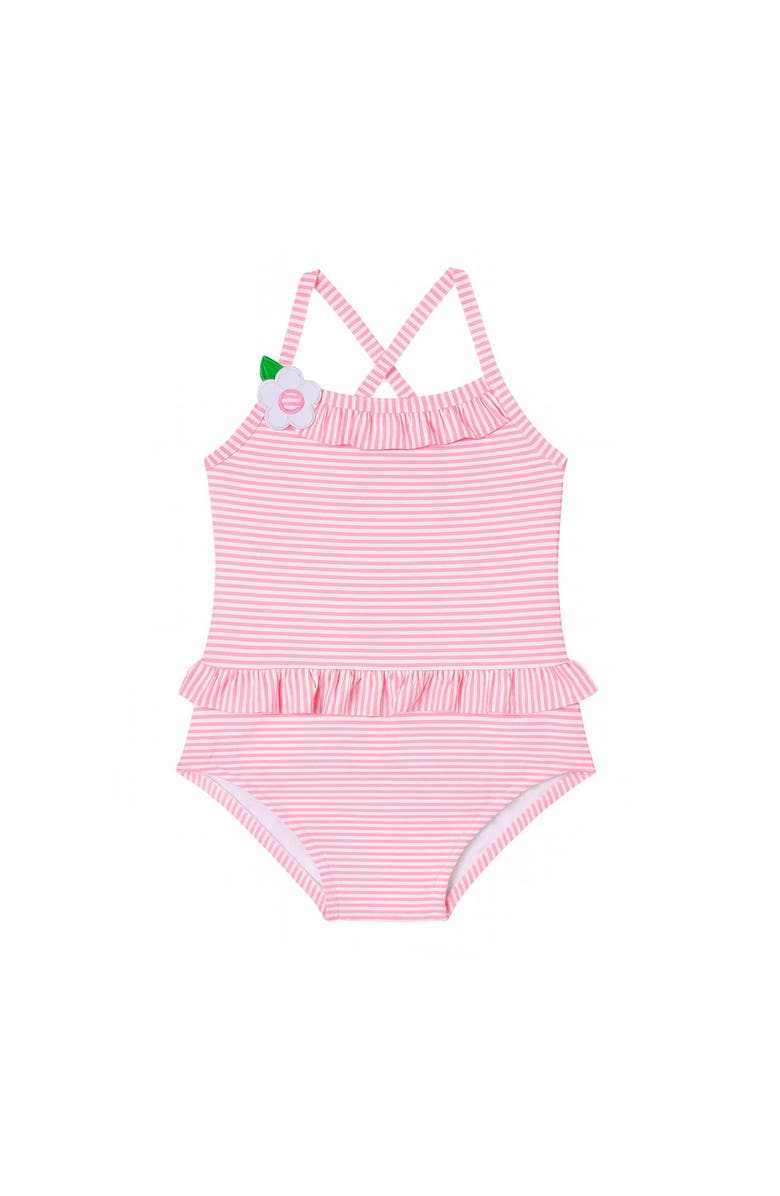 Florence Eiseman Stripe Seersucker Swimsuit with Flower, Main, color, Pink/White