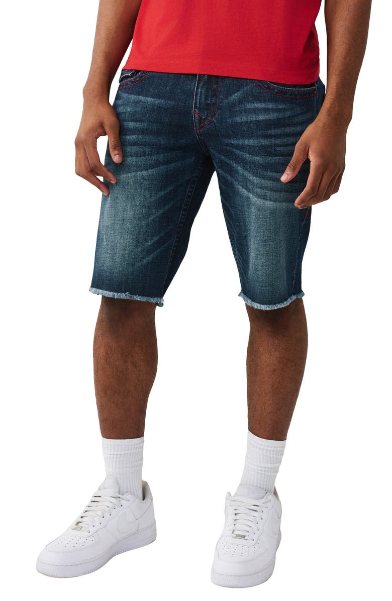 True Religion Ricky Frayed Hem Snap Flap Straight Denim Shorts, Main, color, Sideline Raw Dark Wash