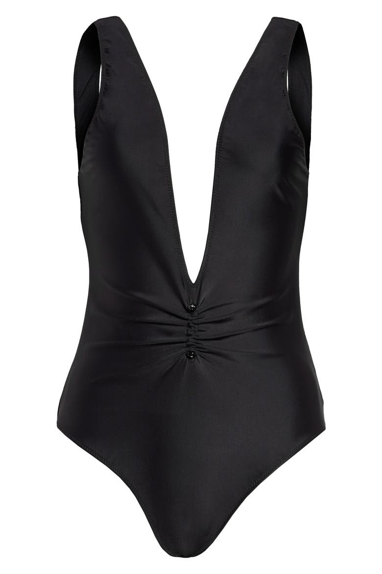 Ruched Recycled Fiber One-Piece Swimsuit, Main, color, BLACK