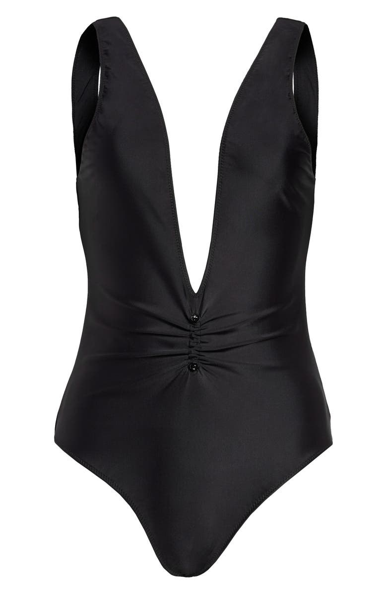 Ganni Ruched Recycled Fiber One-Piece Swimsuit, Main, color,