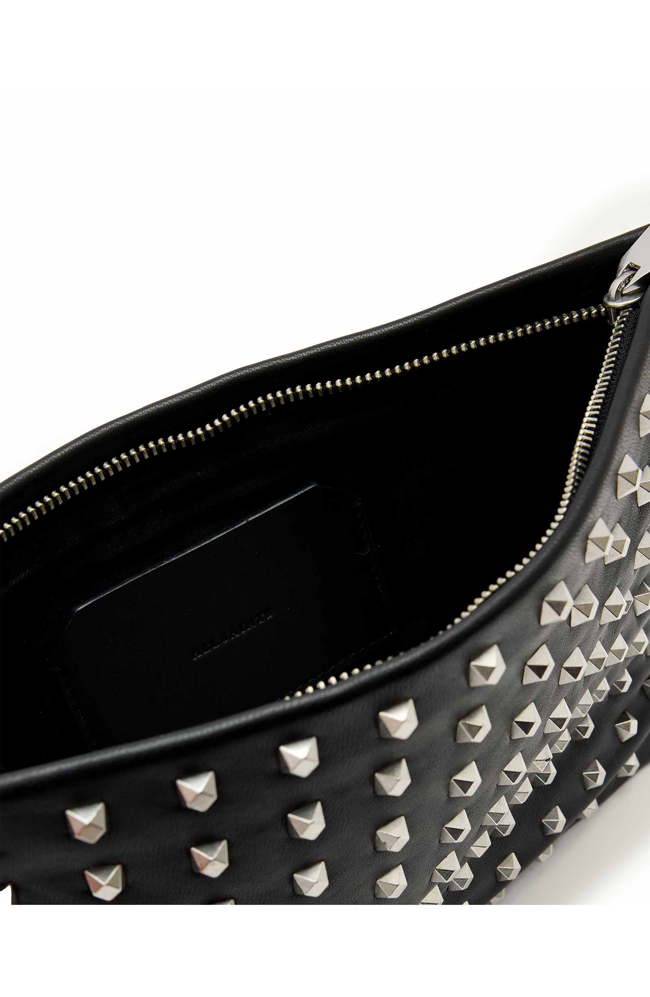 AllSaints Bettina Studded Leather Clutch, Alternate, color, Black