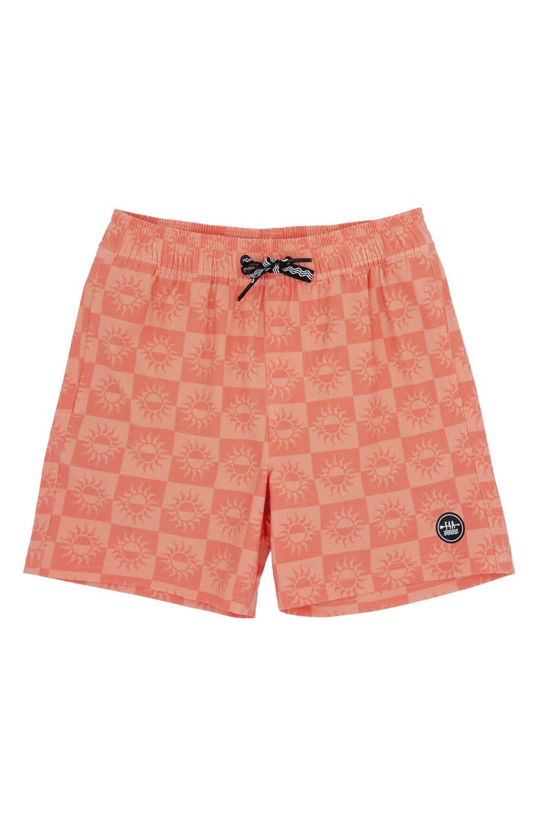 Feather 4 Arrow Kids' Sunrise Volley Swim Trunks, Main, color, Coral Orange