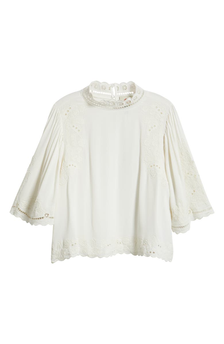 FARM Rio Palm Tree Embroidered Eyelet Mock Neck Top, Alternate, color, Off-White