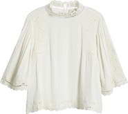 FARM Rio Palm Tree Embroidered Eyelet Mock Neck Top