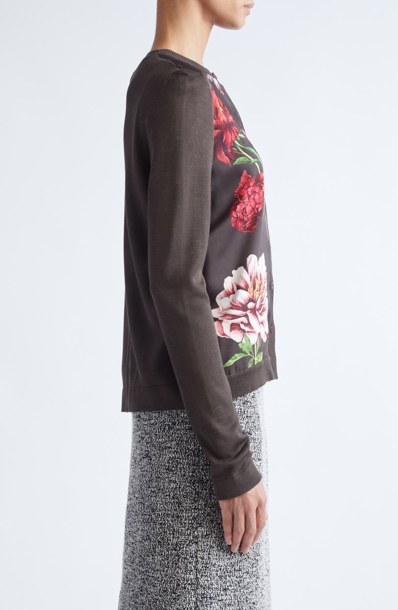 Oscar de la Renta Peony Print Silk Blend Cardigan, Alternate, color, Brown Multi