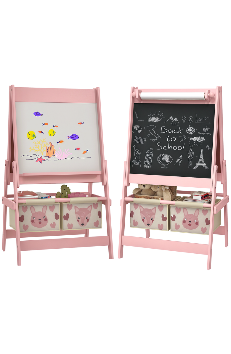 Qaba Kids 3-in-1 Art Easel with Paper Roll, Blackboard, Whiteboard, Storage Baskets, Main, color, Pink