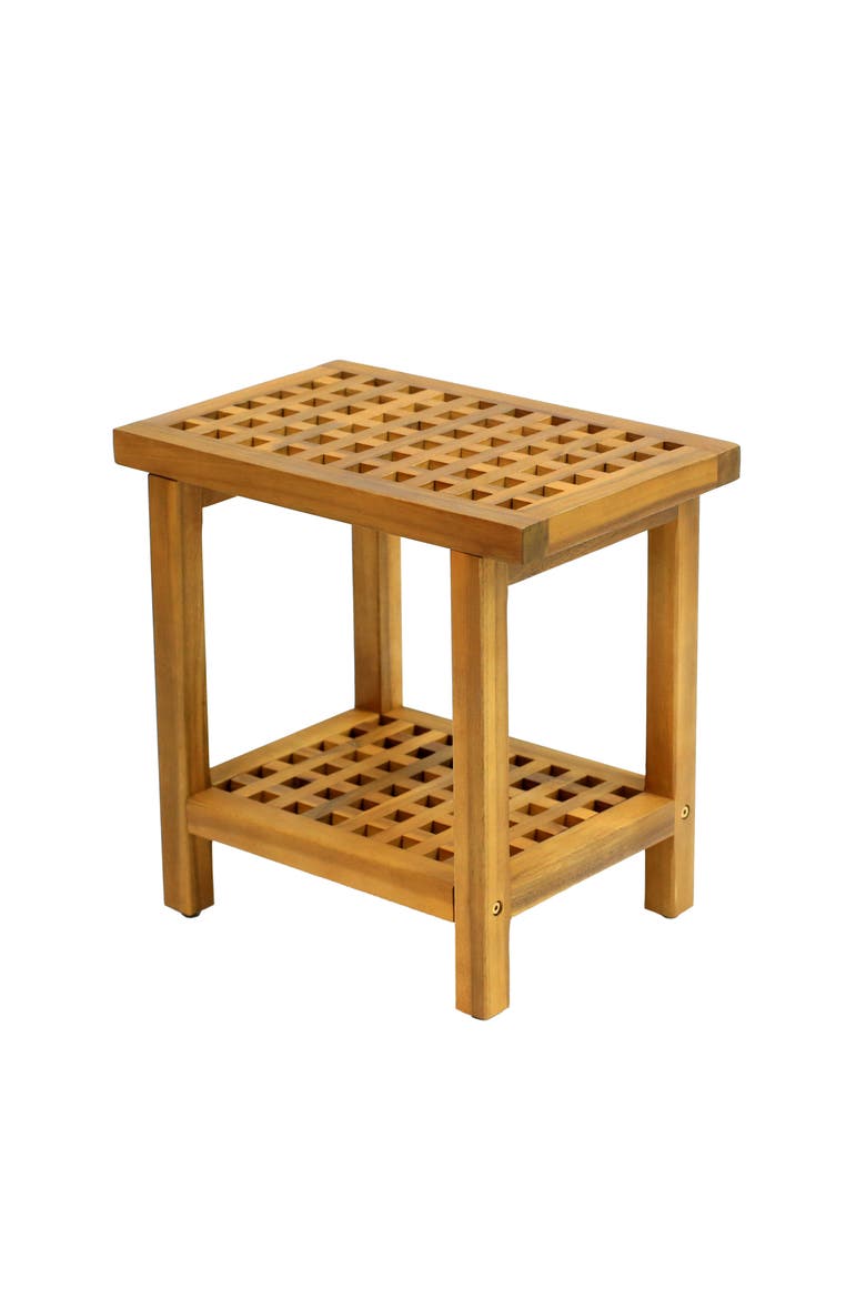 Armin Modern Acacia Wood Shower Stool with Storage Shelf, Heavy Duty Slatted Bath Spa Bench for Bathroom, Shower Entryway, Main, color, Natural