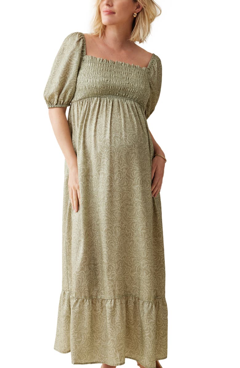 Ingrid & Isabel<sup>®</sup> Elbow Sleeve Smocked Bodice Maxi Maternity Sundress, Alternate, color, Olive Two Tone