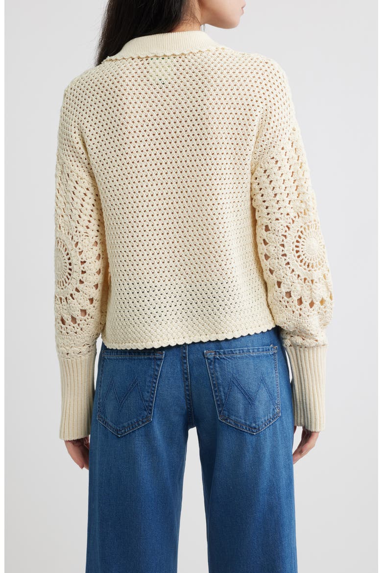 Crochet Cotton Johnny Collar Polo Sweater, Alternate, color, OFF-WHITE