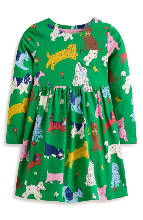 Kids' Fun Dogs & Cats Print Long Sleeve Cotton Dress (Toddler, Little Kid & Big Kid)