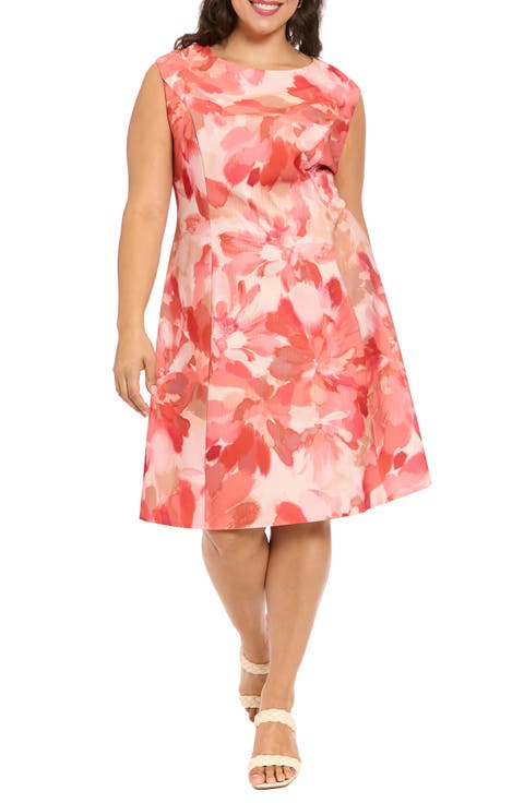 Print Cap Sleeve Midi Dress (Plus)