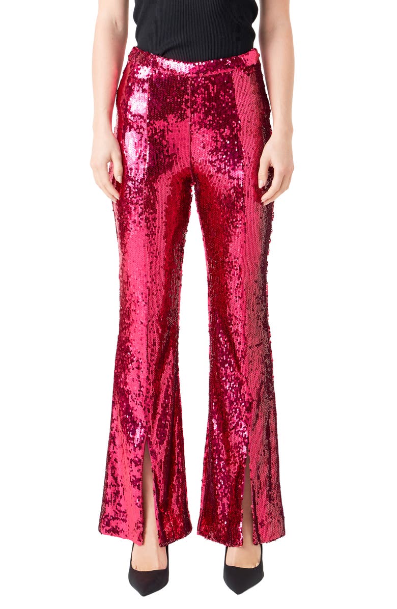 Endless Rose Sequin Slit Leg Flare Pants, Main, color, Fuchsia