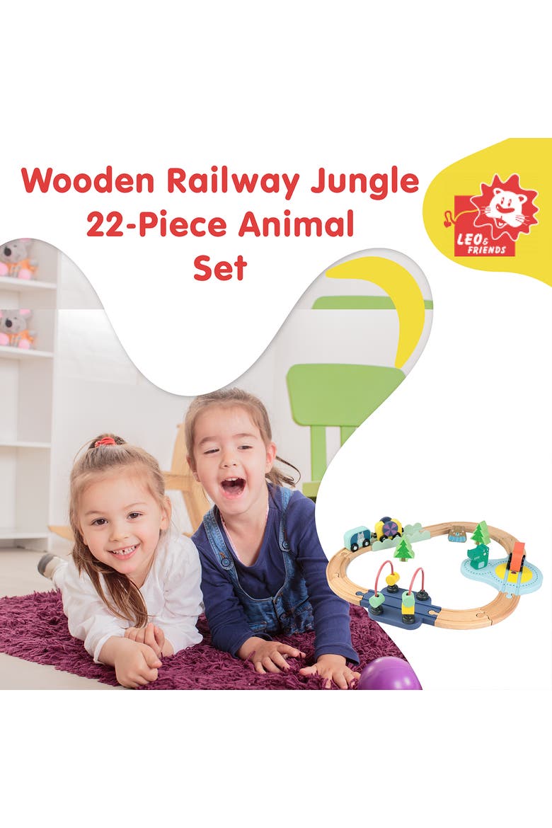 Wooden Railway Jungle 22-Piece Animal Set, Magnetic Train Cars and Puzzle Railway Pieces Included, Alternate, color, Blue