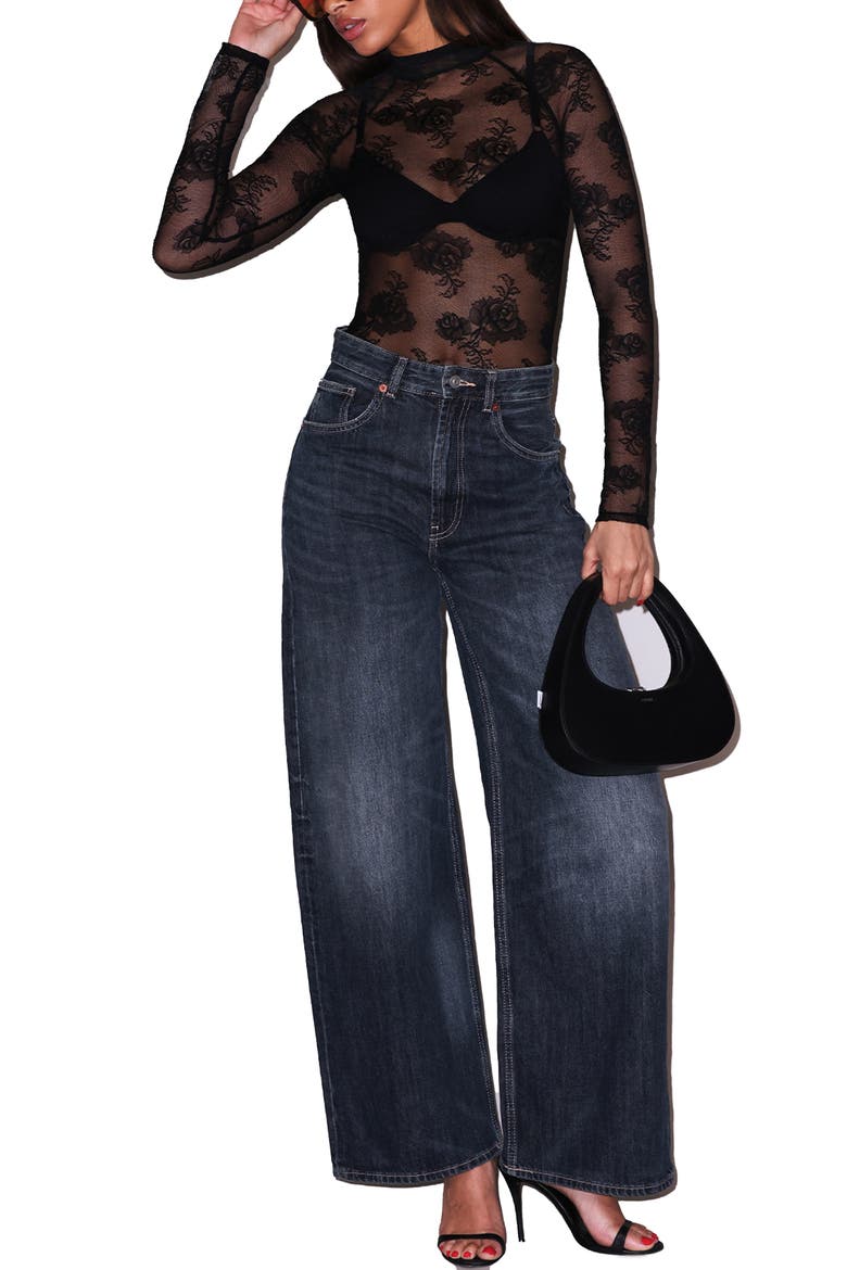 High Neck Lace Bodysuit, Main, color, BLACK